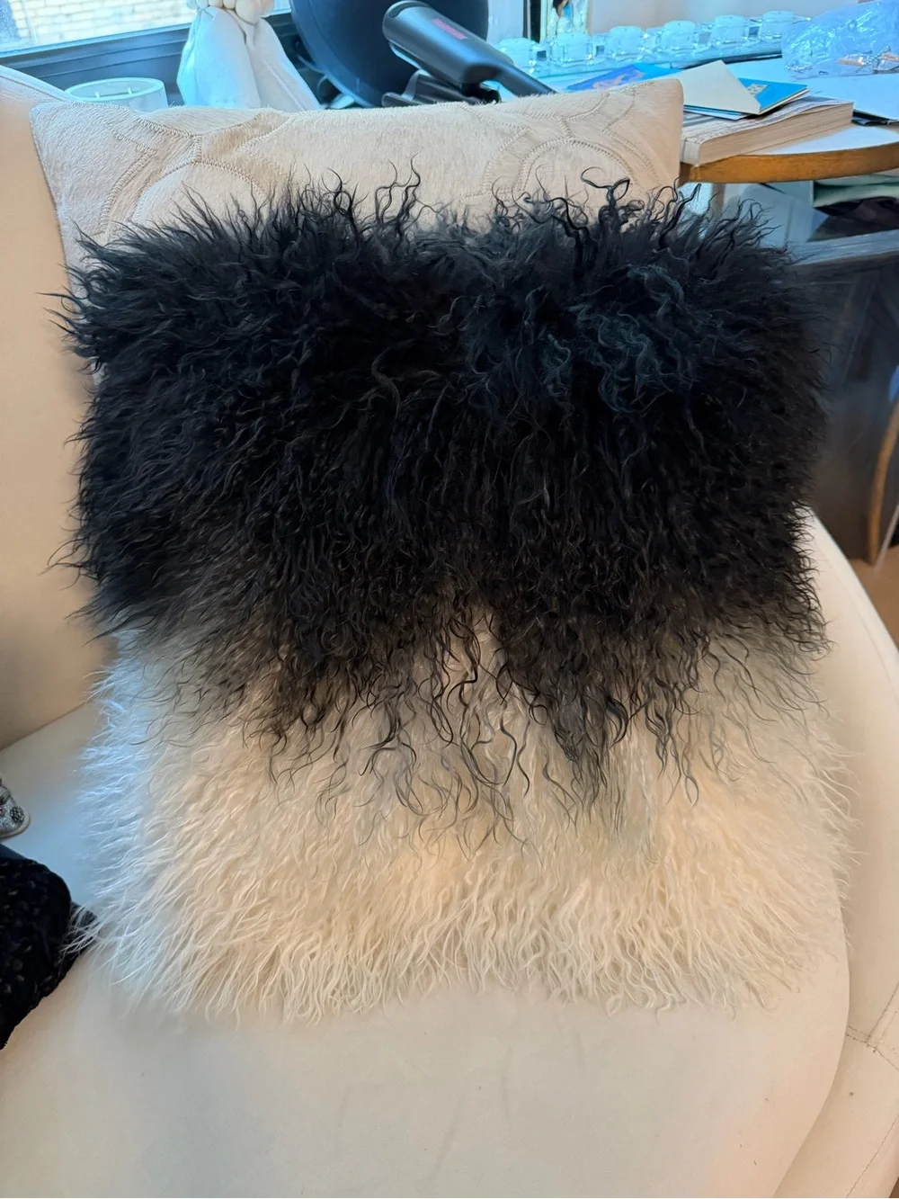 Black and Cream Mongolian Fur Throw Pillow - 15x15